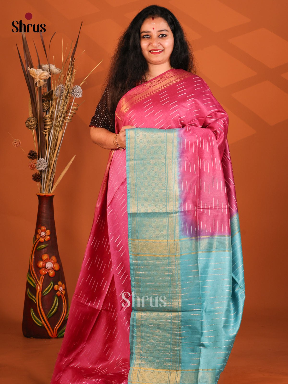 Pink & Blue- Semi Tussar Saree - Shop on Shrus.com