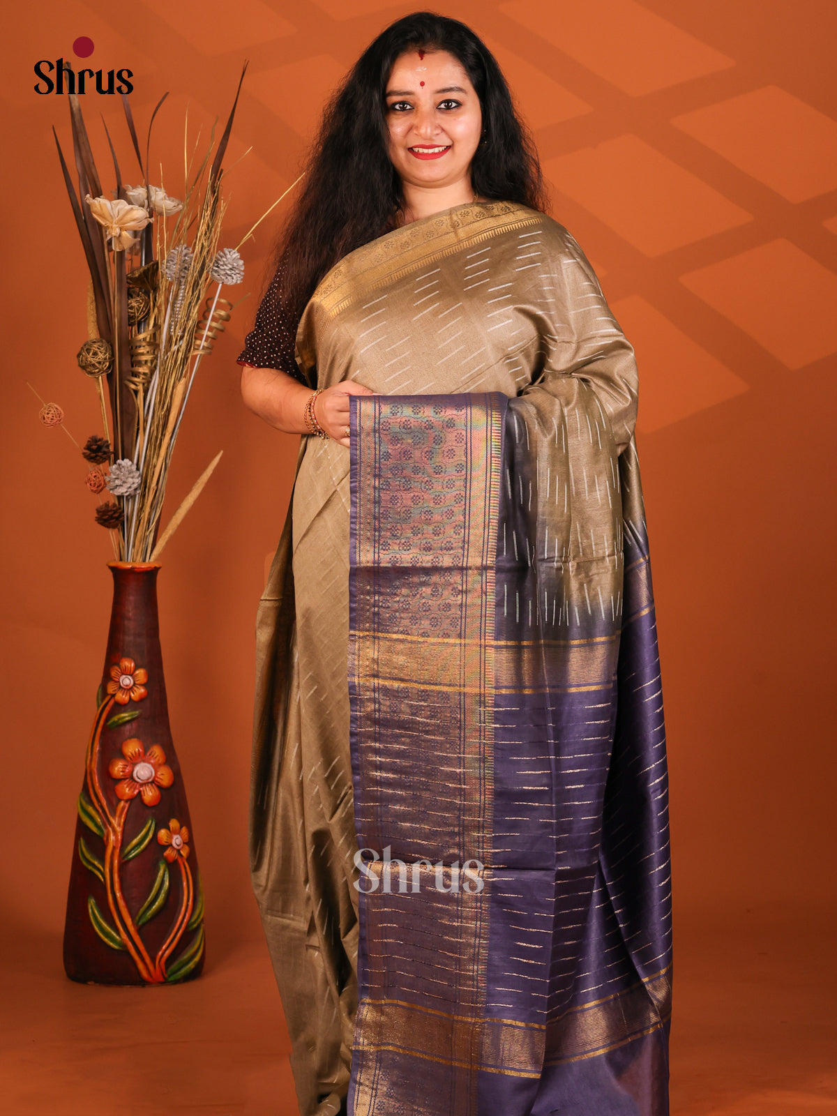 Golden brown & Blue- Semi Tussar Saree - Shop on Shrus.com