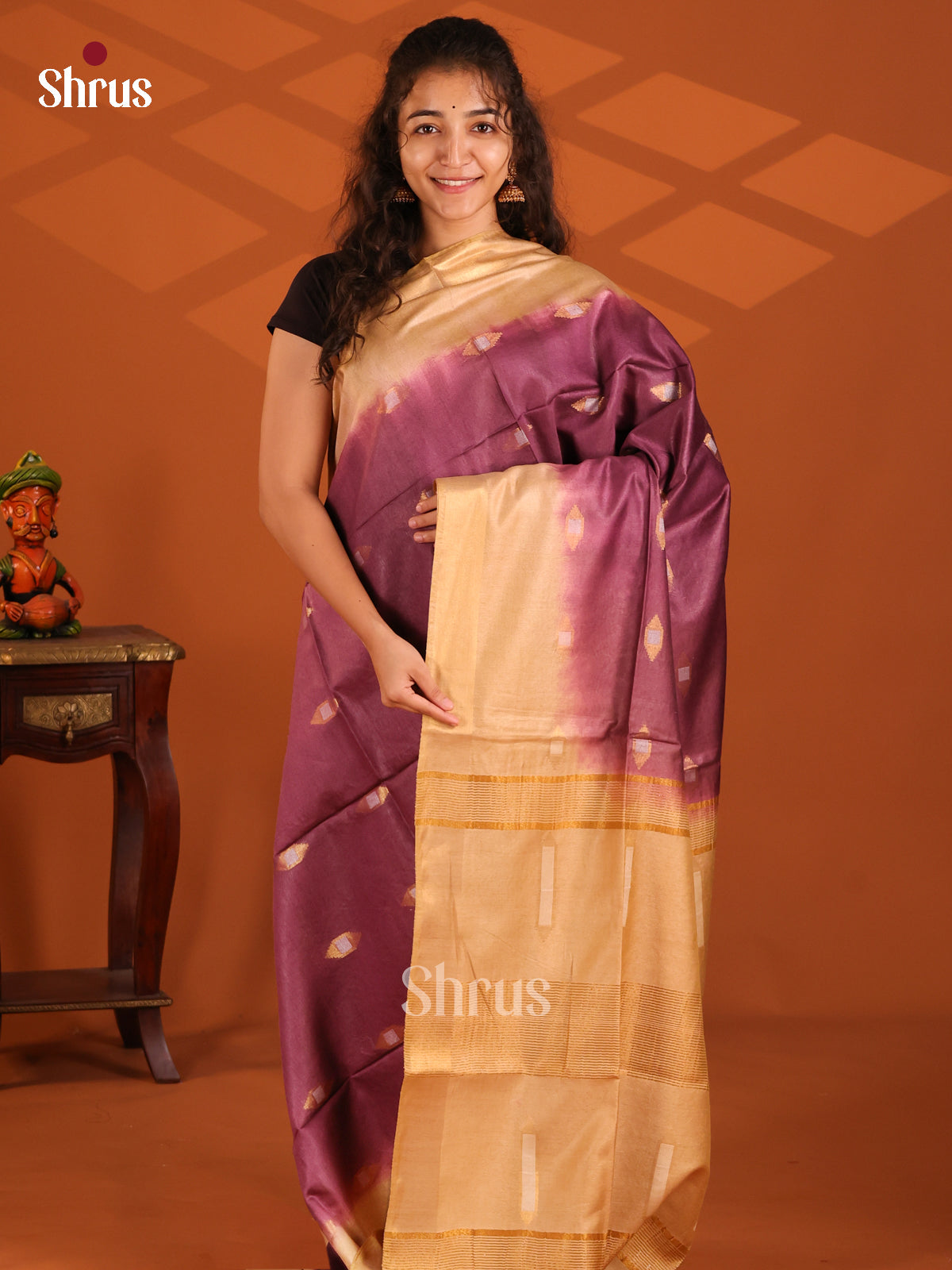 Purple with Beige - Semi Tussar Saree - Shop on Shrus.com