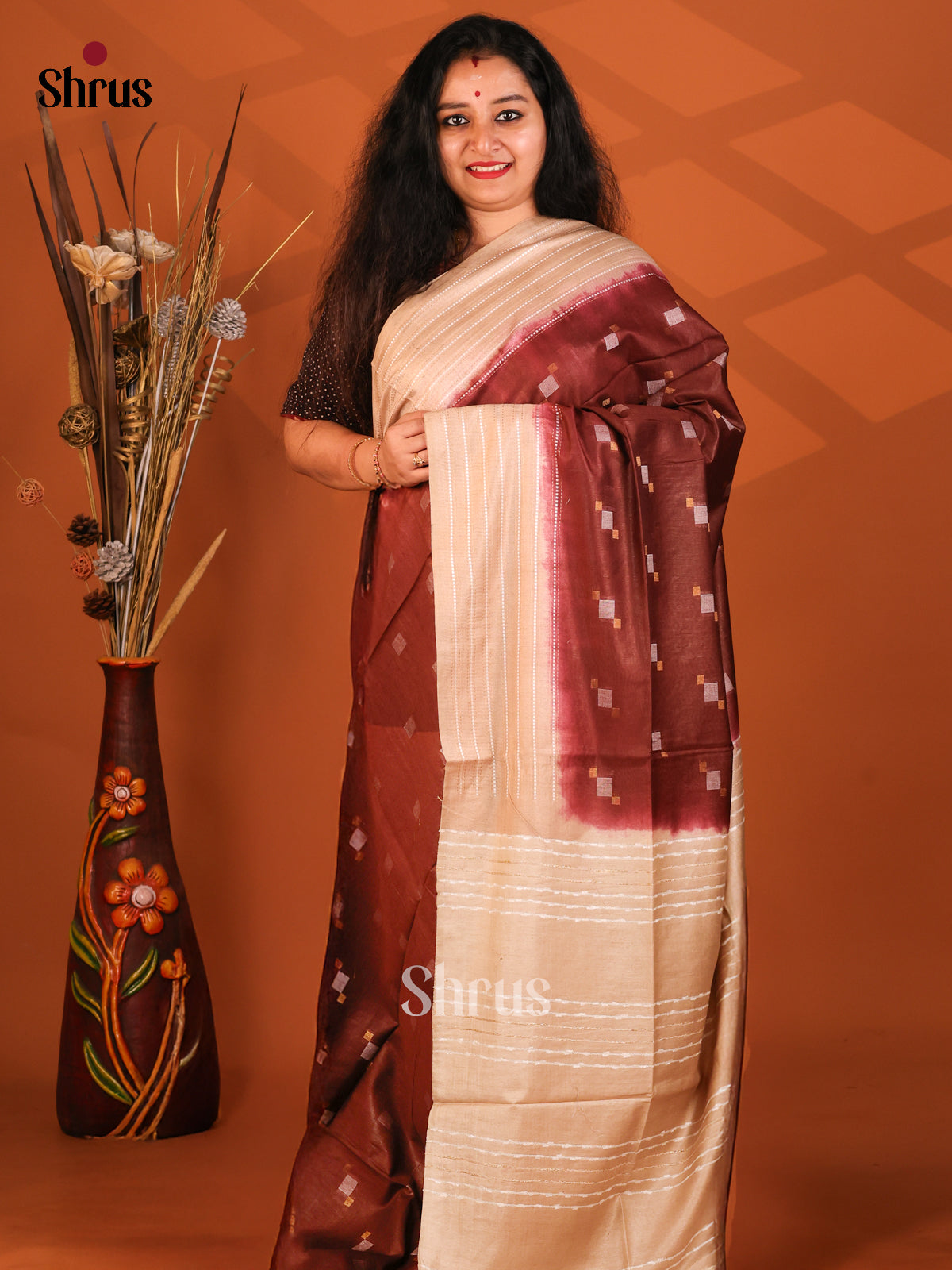 Brown & Cream- Semi Tussar Saree - Shop on Shrus.com