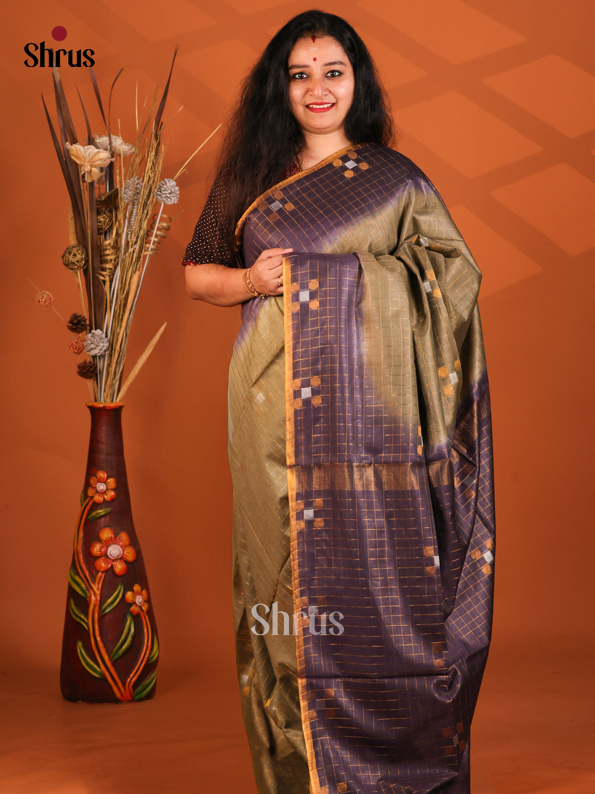 Chutney Green & Jamun- Semi Tussar Saree - Shop on Shrus.com
