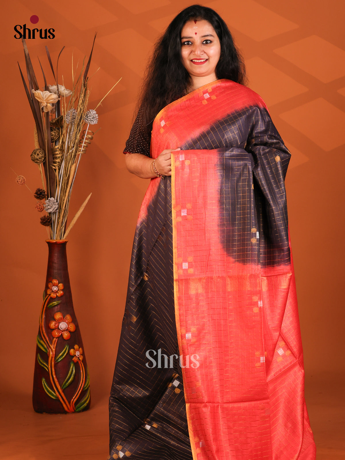 Black & Red- Semi Tussar Saree - Shop on Shrus.com