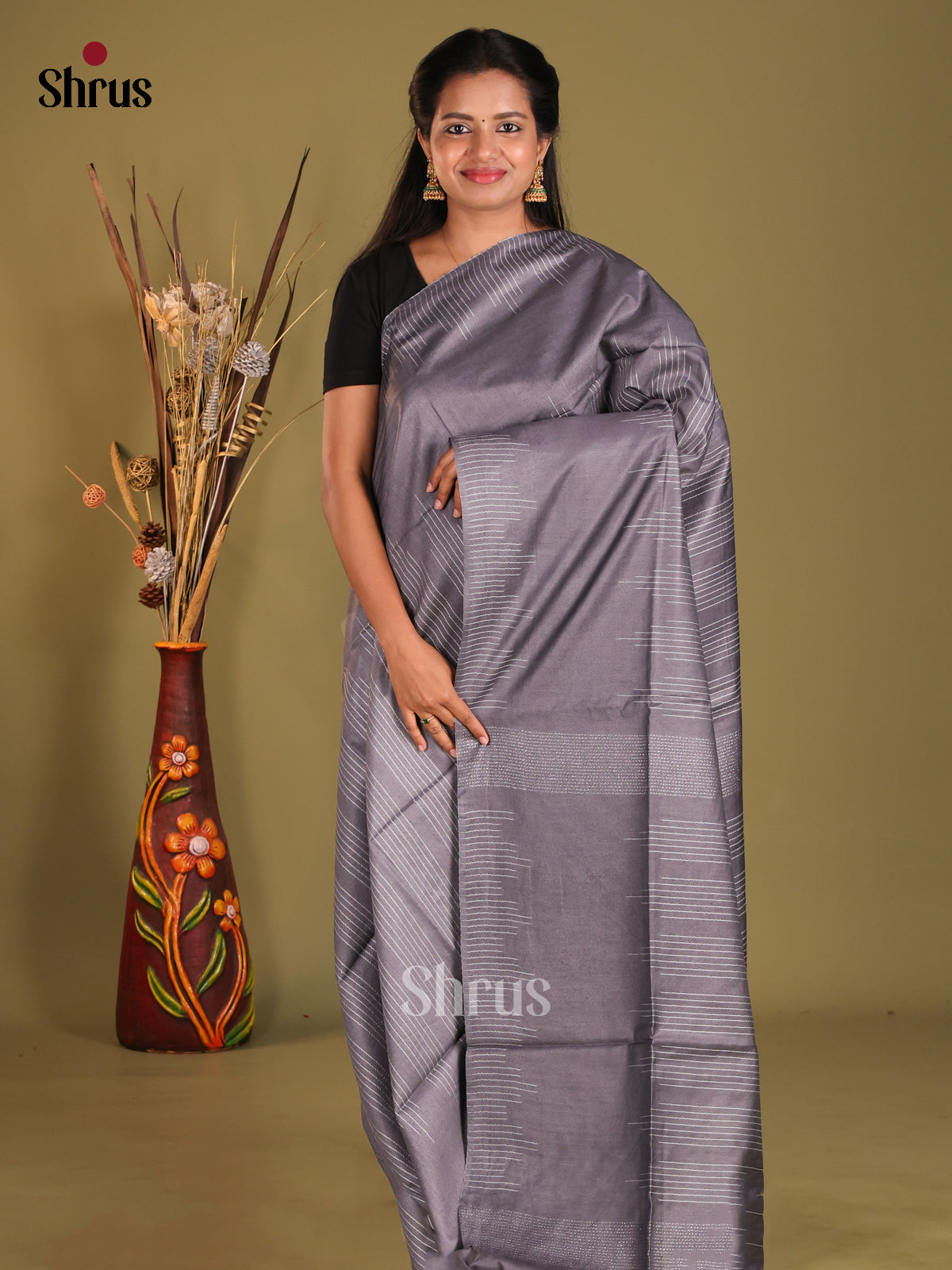 Grey - Semi Tussar saree - Shop on Shrus.com