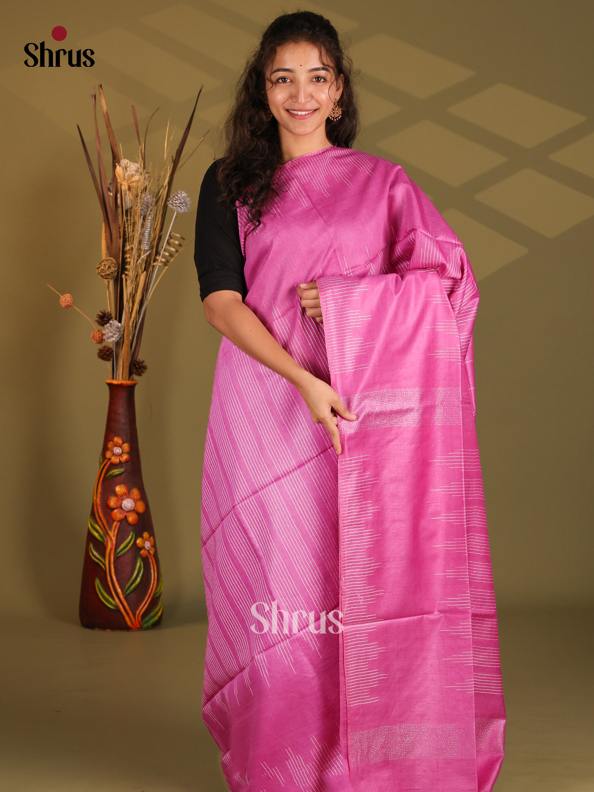 Pink- Semi Tussar Saree - Shop on Shrus.com