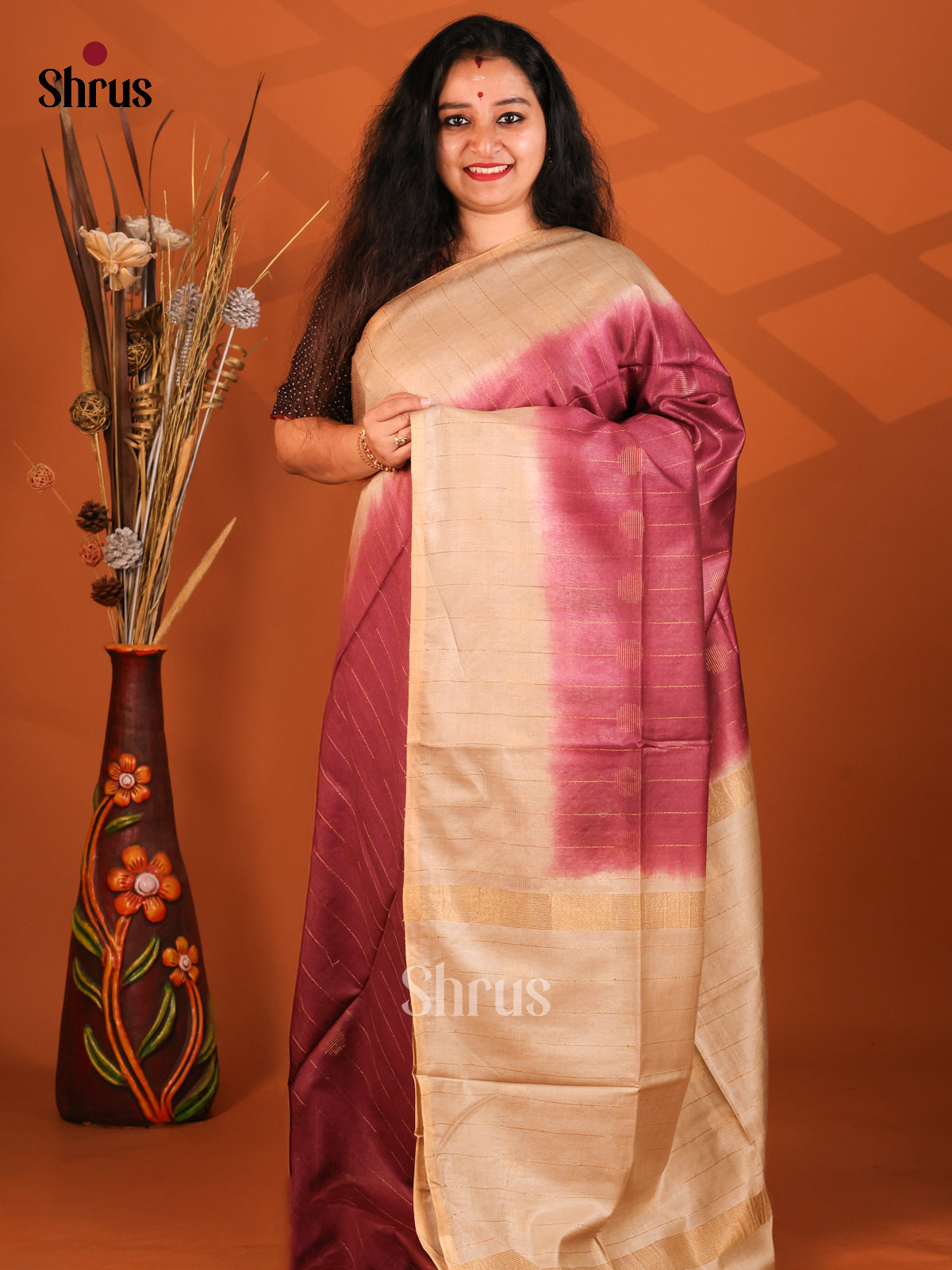 DES29190 - Pretty Pink Semi Tussar Saree - Shop on Shrus.com