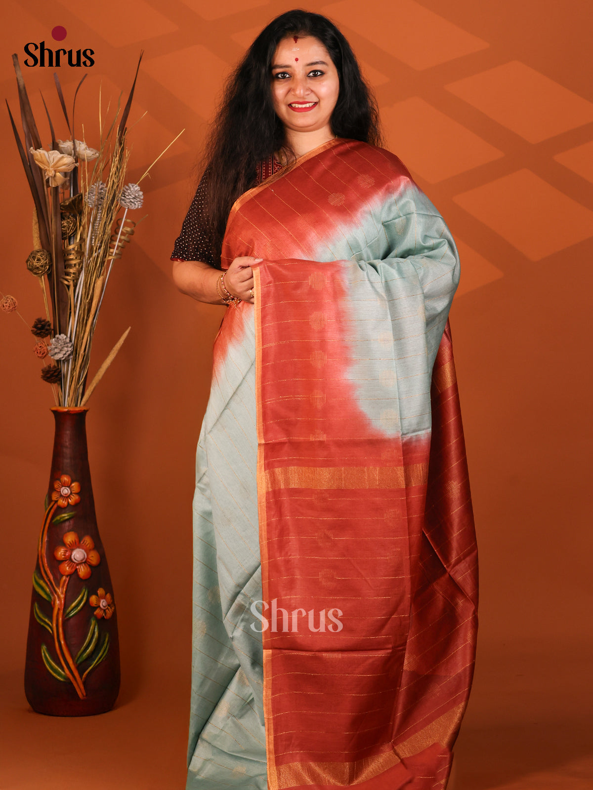 Pastel Blue & Red- Semi Tussar Saree - Shop on Shrus.com
