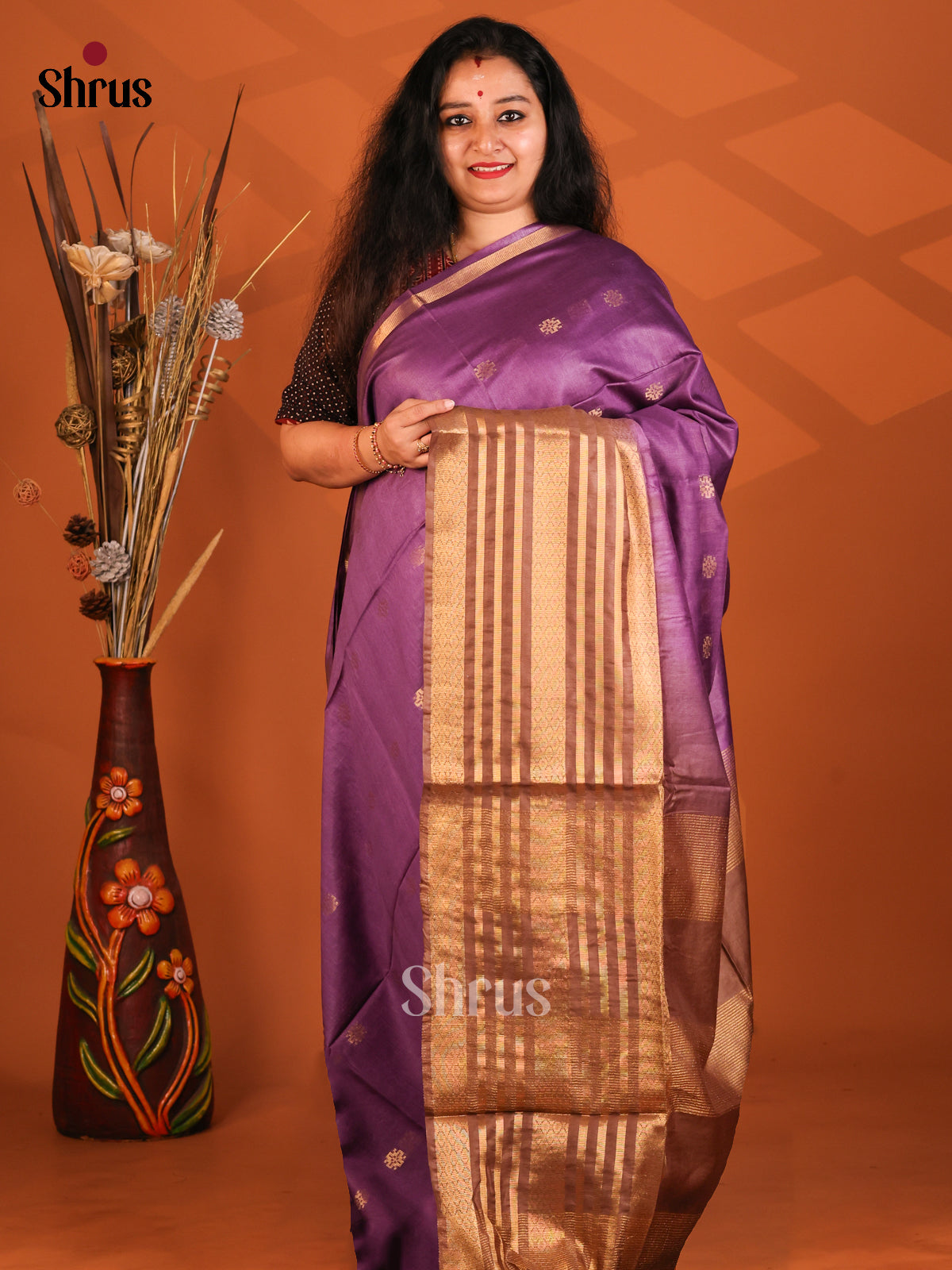 Violet & Brown- Semi Tussar Saree - Shop on Shrus.com