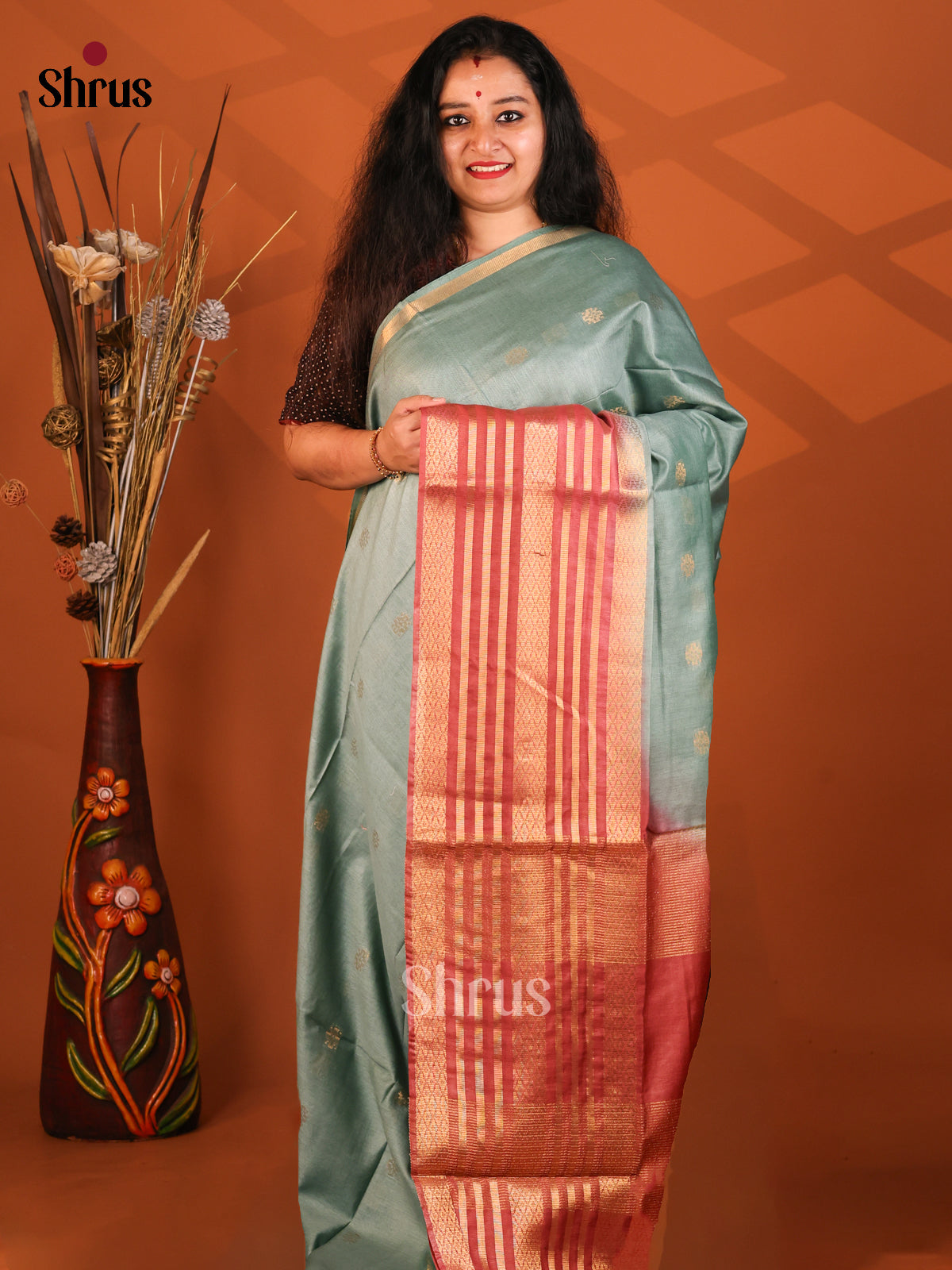 Pastel Blue & Red- Semi Tussar Saree - Shop on Shrus.com