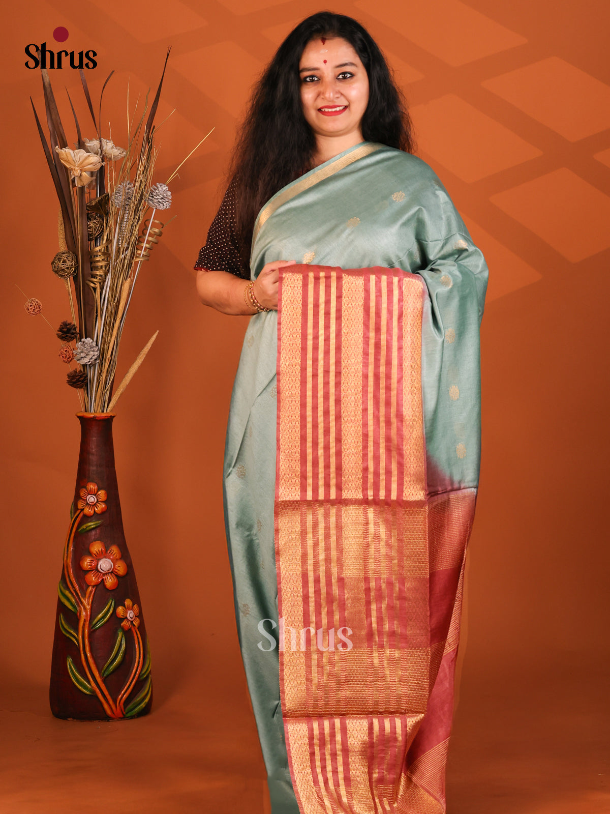 Pastel Blue & Red- Semi Tussar Saree - Shop on Shrus.com