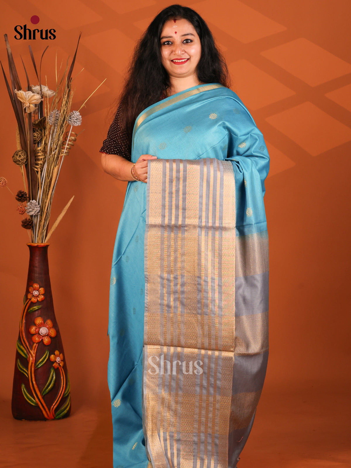 Sky Blue & Grey- Semi Tussar Saree - Shop on Shrus.com