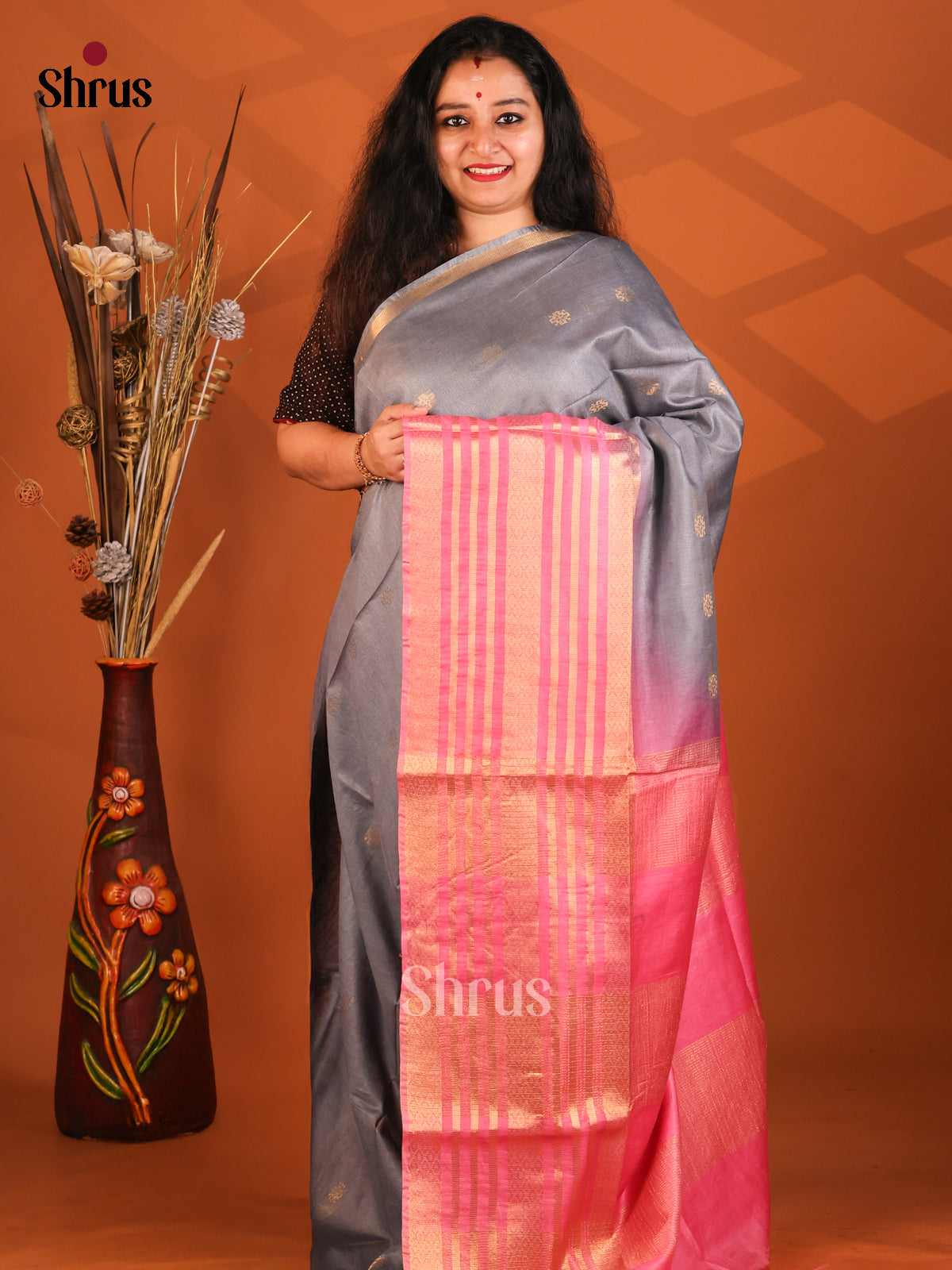 Grey & Orangish Pink - Semi Tussar Saree - Shop on Shrus.com