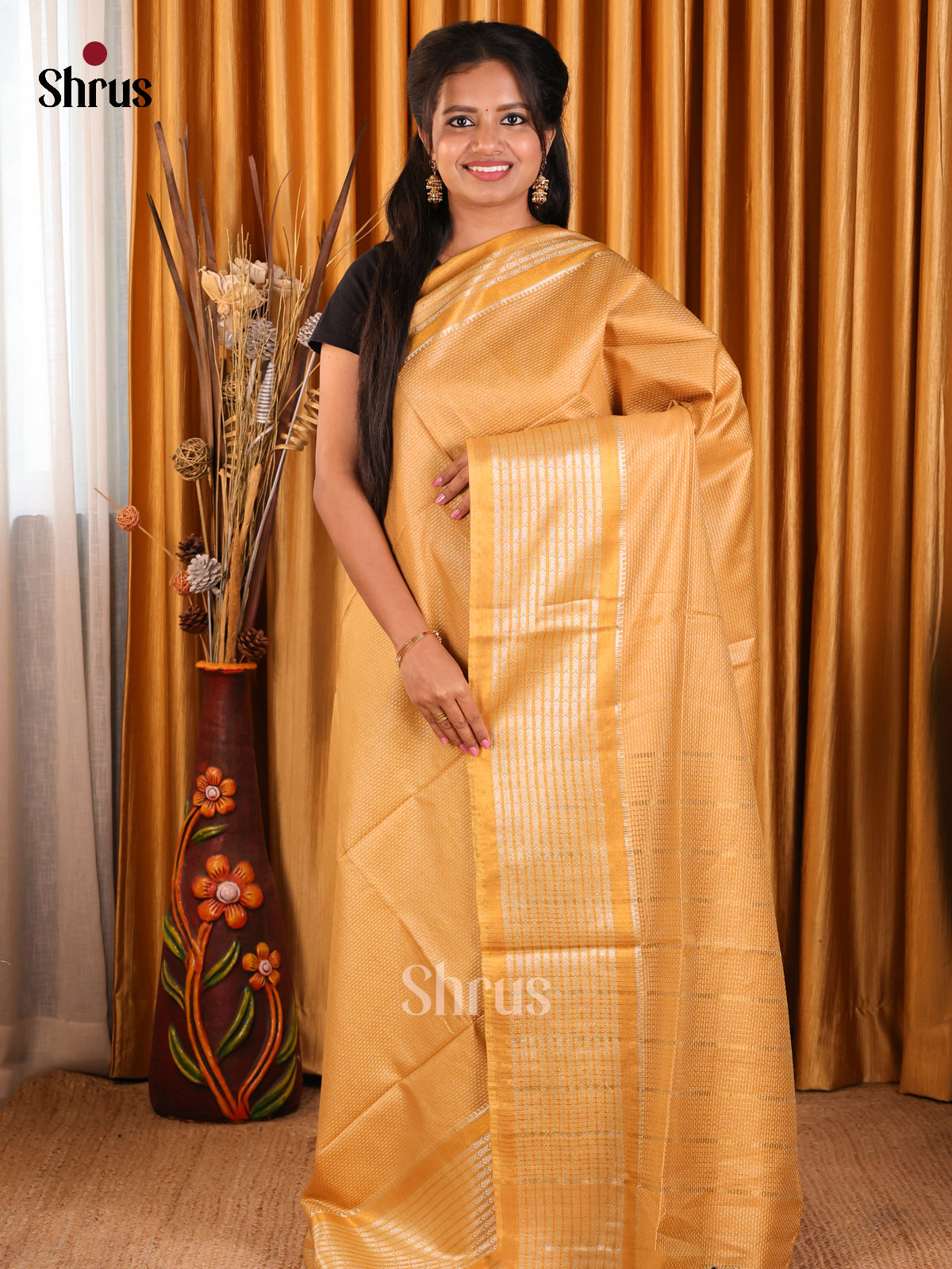 Mustard- Semi Tussar Saree - Shop on Shrus.com