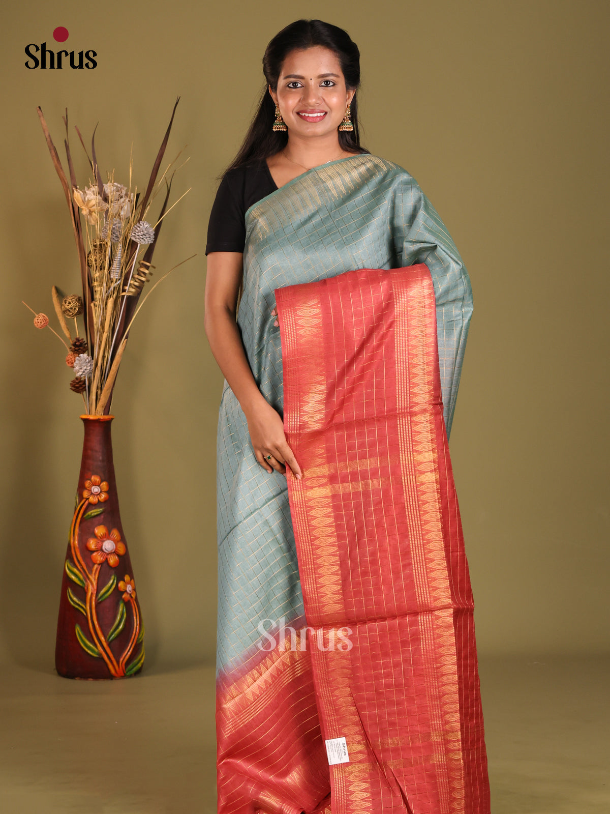 Grey & Red - Semi Tussar saree - Shop on Shrus.com