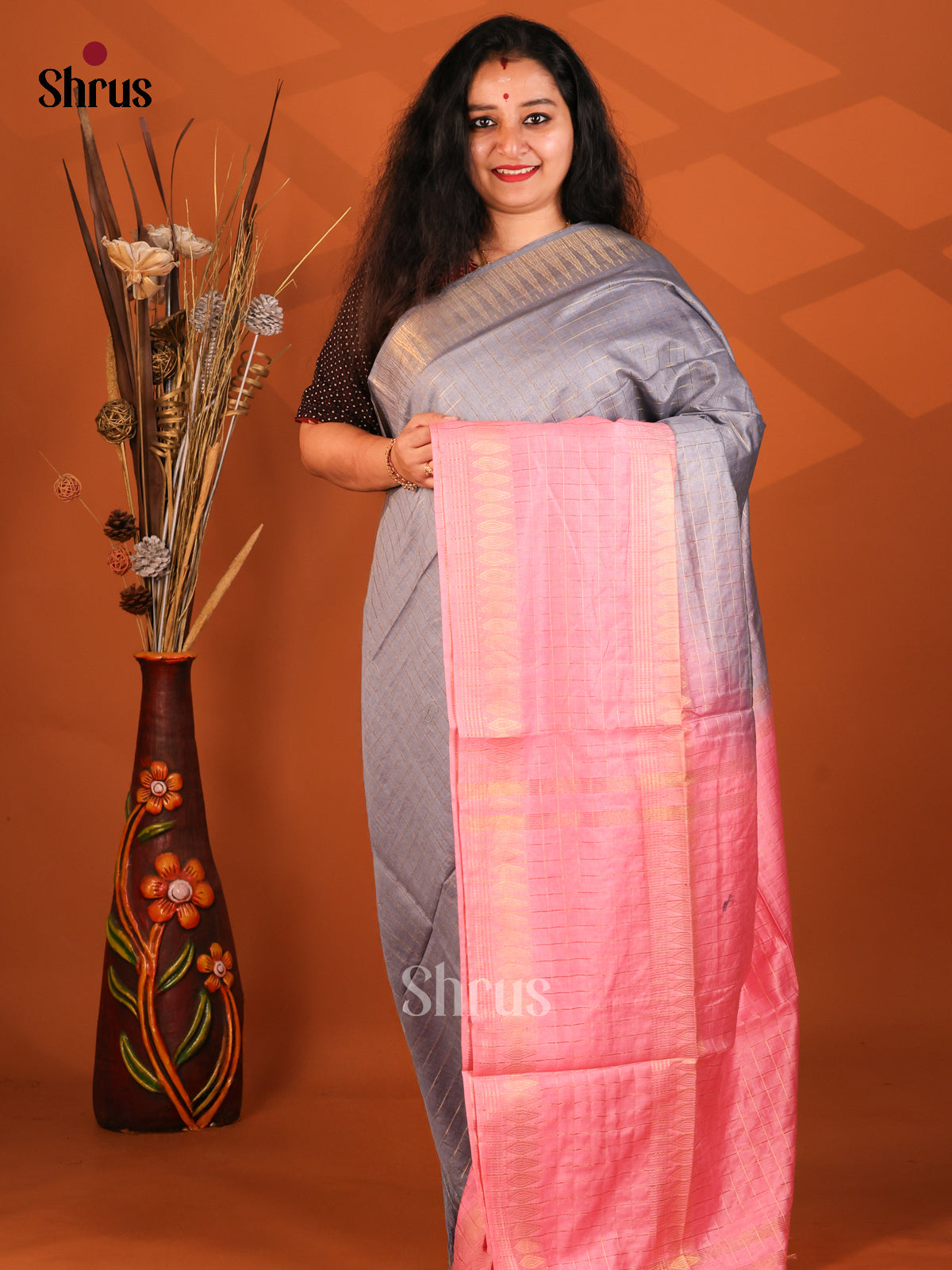 Grey & Pink - Semi Tussar Saree - Shop on Shrus.com