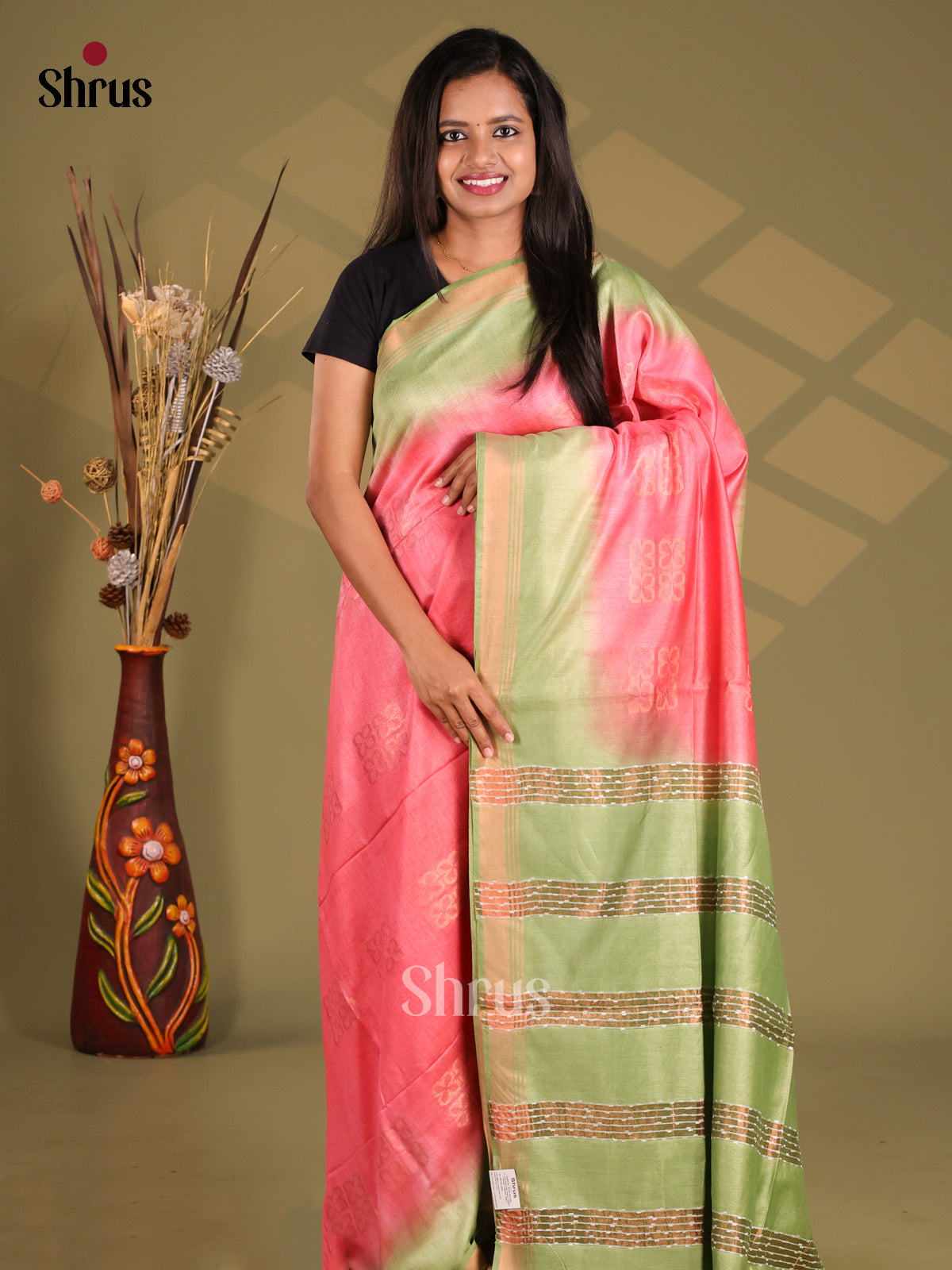 Pink & G reen - Semi Tussar Saree - Shop on Shrus.com