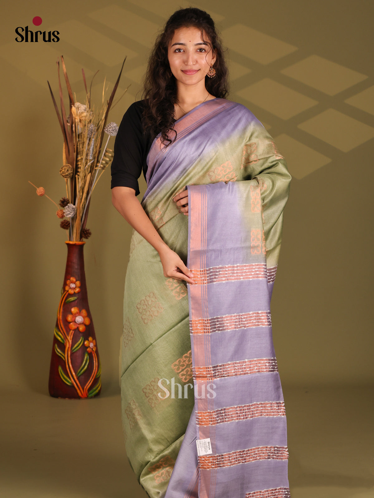 Green & Lavender- Semi Tussar Saree - Shop on Shrus.com