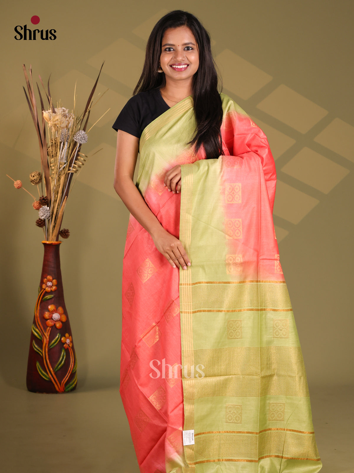 Orangish Pink & Green - Semi Tussar Saree - Shop on Shrus.com