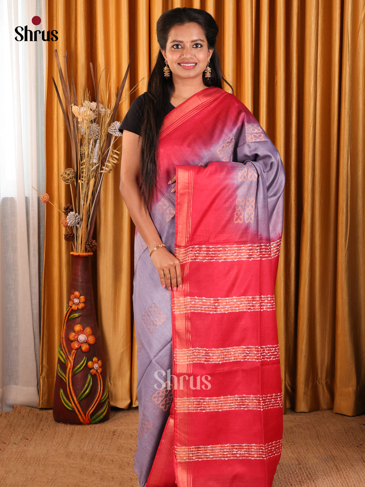 Lavender & Red - Semi Tussar Saree - Shop on Shrus.com