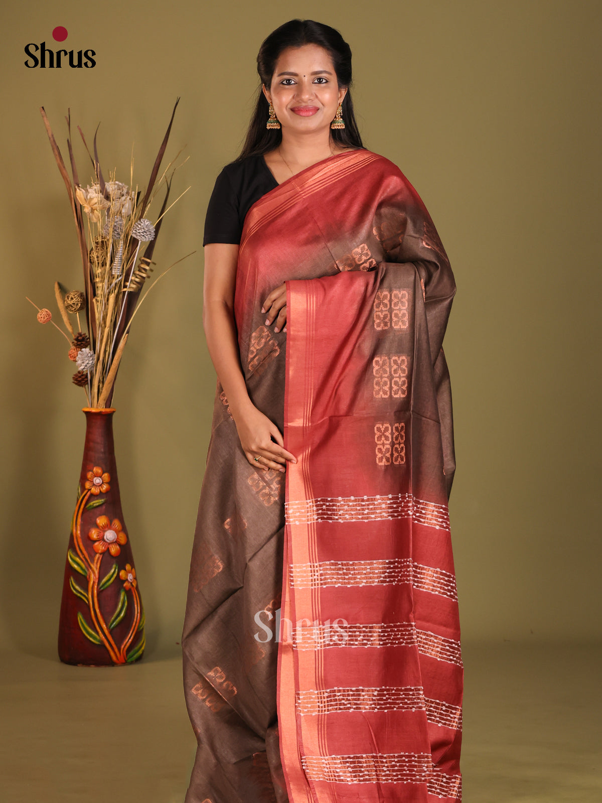 Brown & Maroon- Semi Tussar saree - Shop on Shrus.com