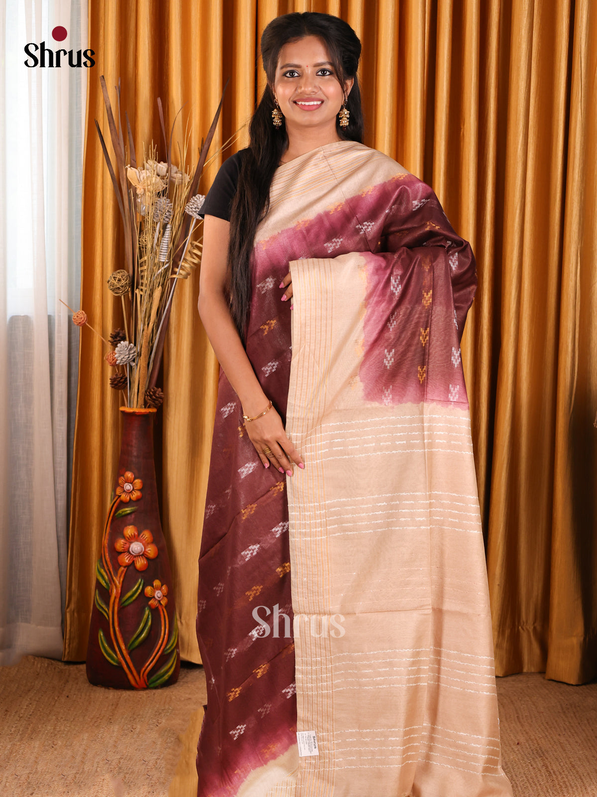 Brown & Cream- Semi Tussar Saree - Shop on Shrus.com