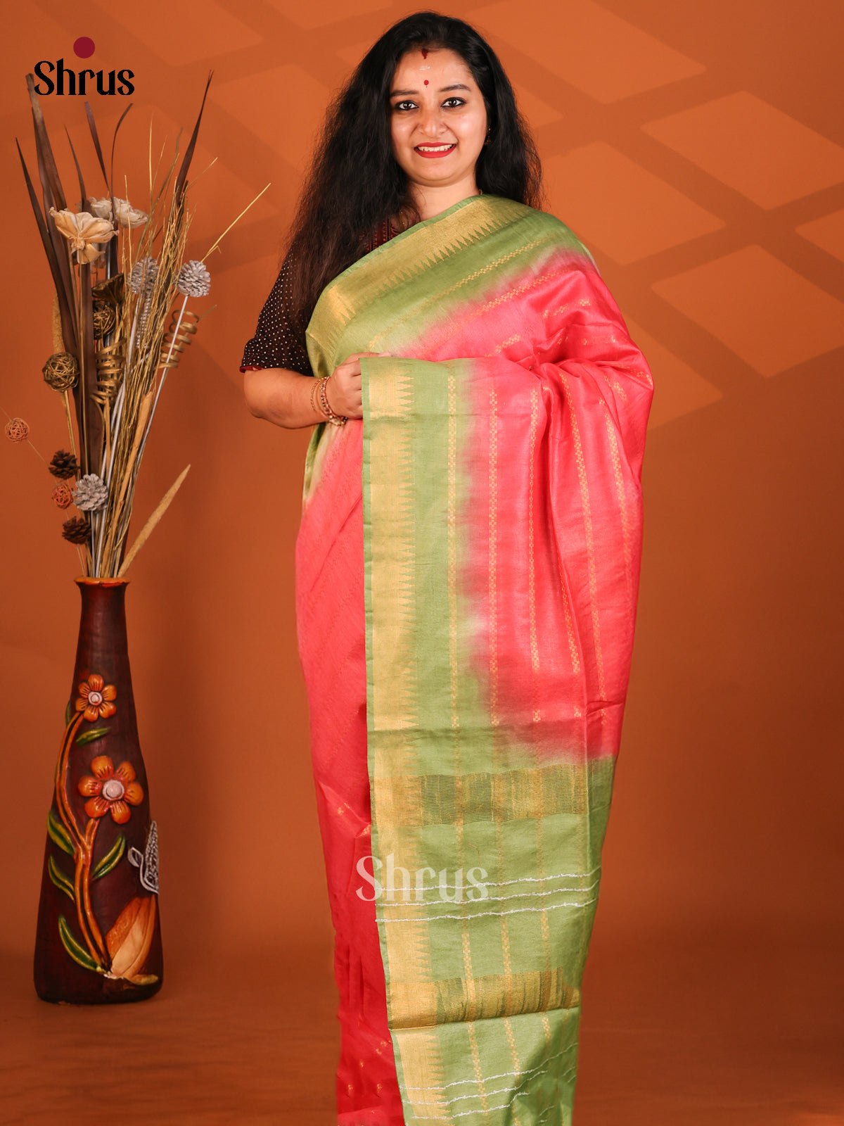 Pink & Green- Semi Tussar Saree - Shop on Shrus.com