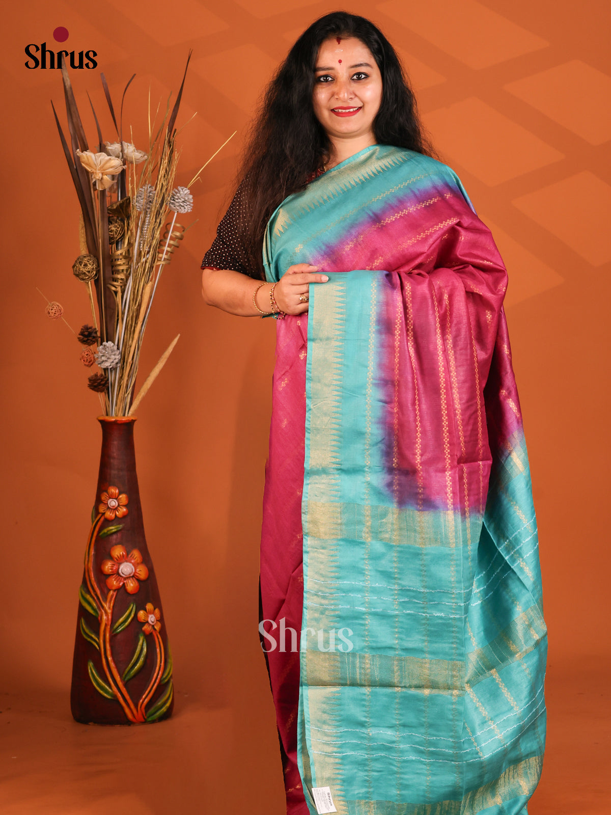 Maroon & Blue- Semi Tussar Saree - Shop on Shrus.com