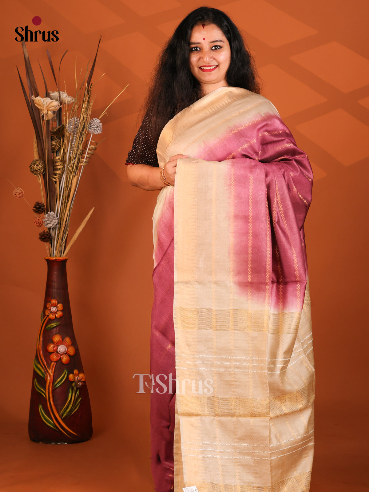 Maroon & Cream - Semi Tussar Saree - Shop on Shrus.com