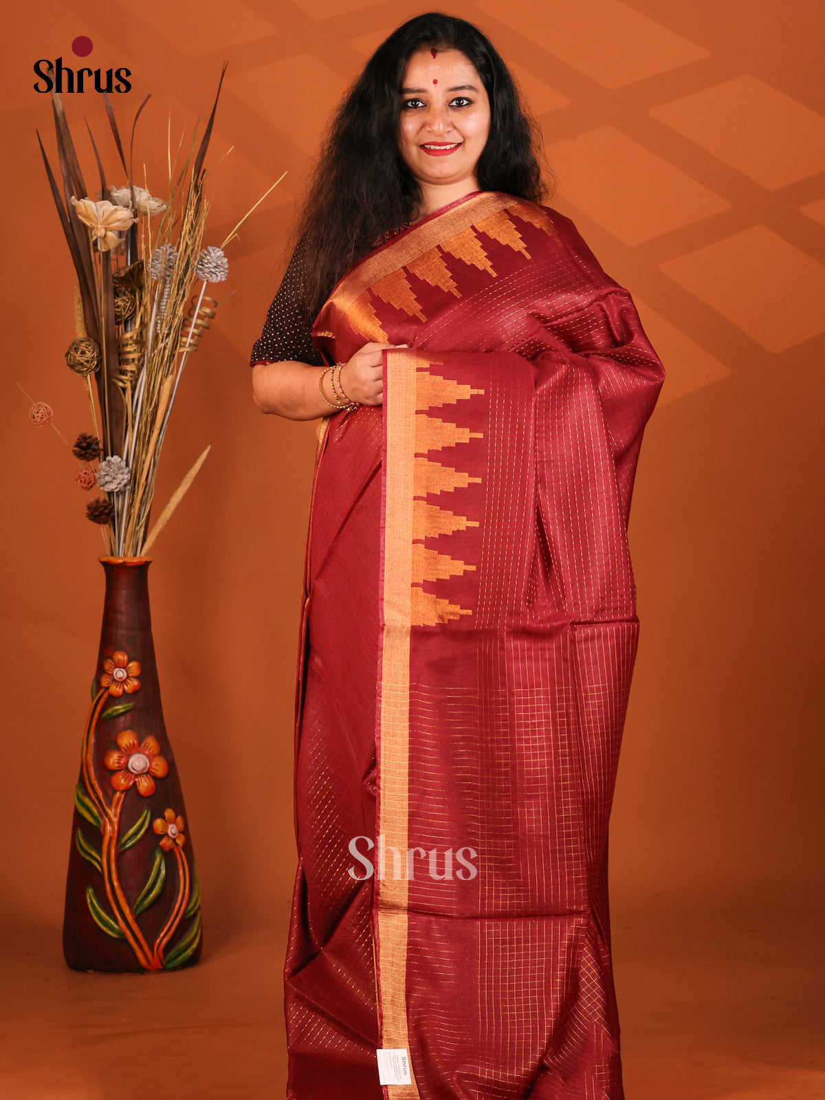 Maroon - Semi Tussar Saree - Shop on Shrus.com