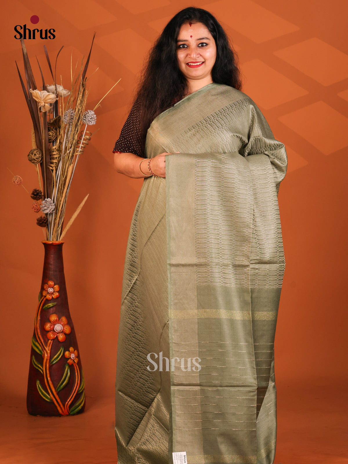 Grey Green- Semi Tussar Saree - Shop on Shrus.com
