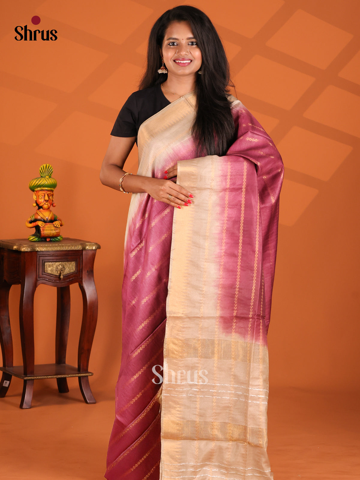 Purple & Cream - Semi Tussar Saree - Shop on Shrus.com