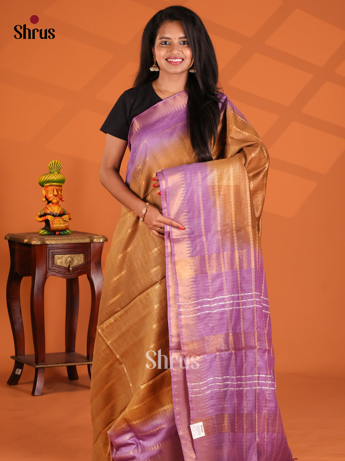 Dark Mustard & purple- Semi Tussar Saree - Shop on Shrus.com