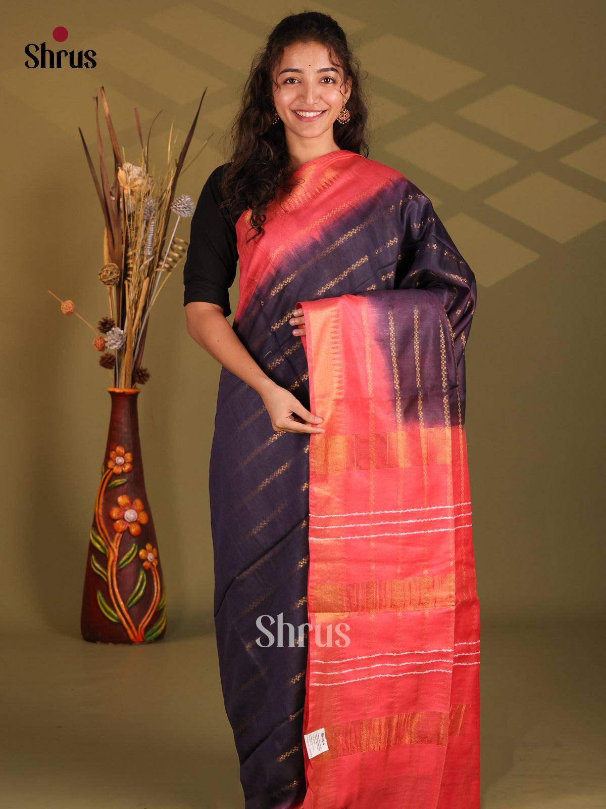 Blue & Orangish Pink - Semi Tussar Saree - Shop on Shrus.com