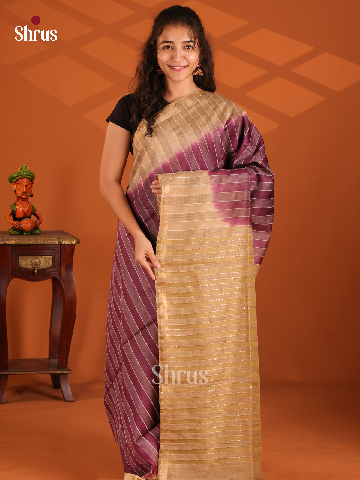Purple & Beige - Semi Tussar Saree - Shop on Shrus.com