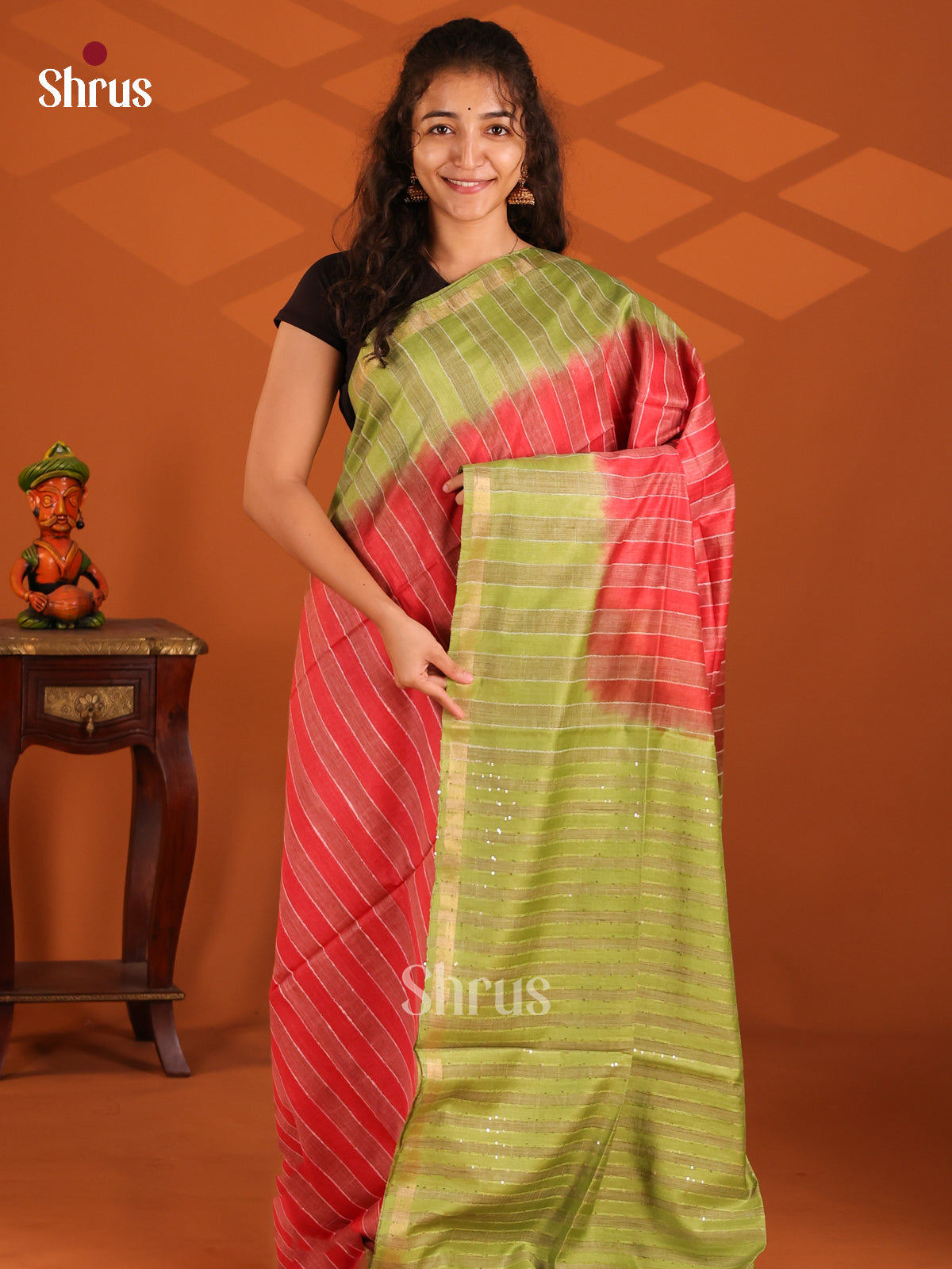 Red & Green- Semi Tussar Saree - Shop on Shrus.com