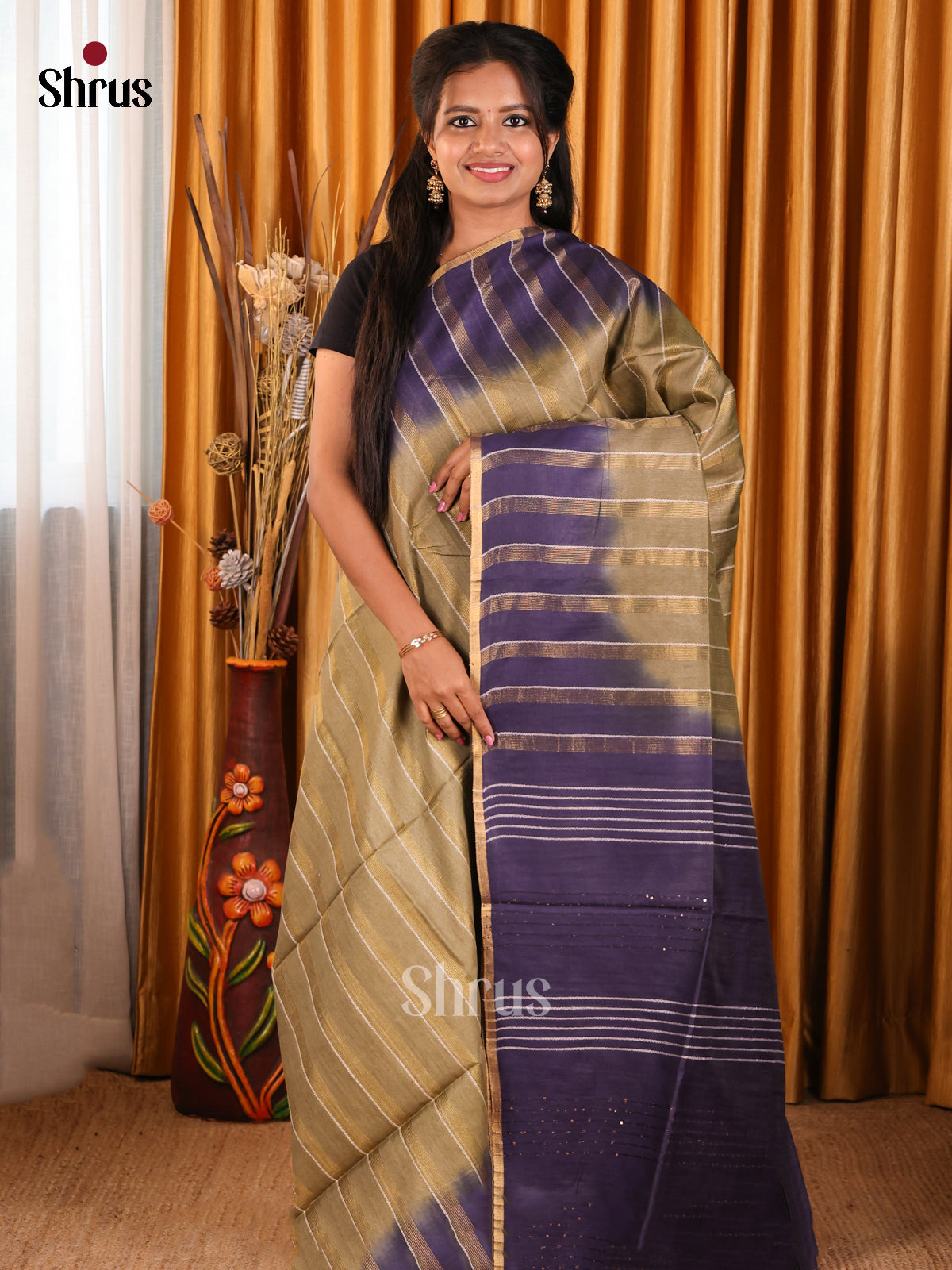 Brown & Blue - Semi Tussar Saree - Shop on Shrus.com