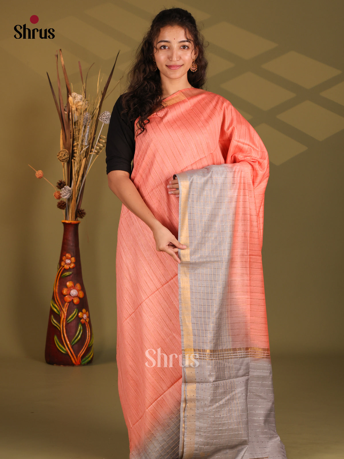 Peach & Grey - Semi Tussar Saree - Shop on Shrus.com