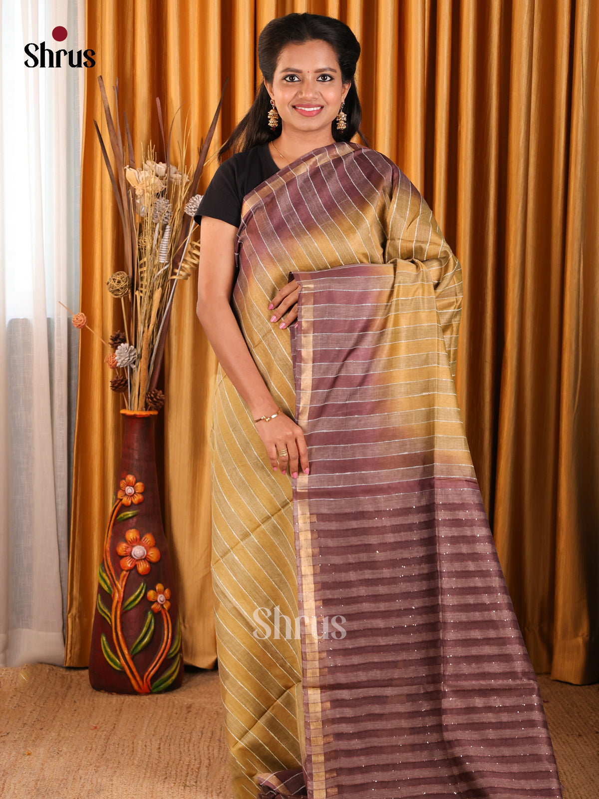 Beige & Brown - Semi Tussar Saree - Shop on Shrus.com