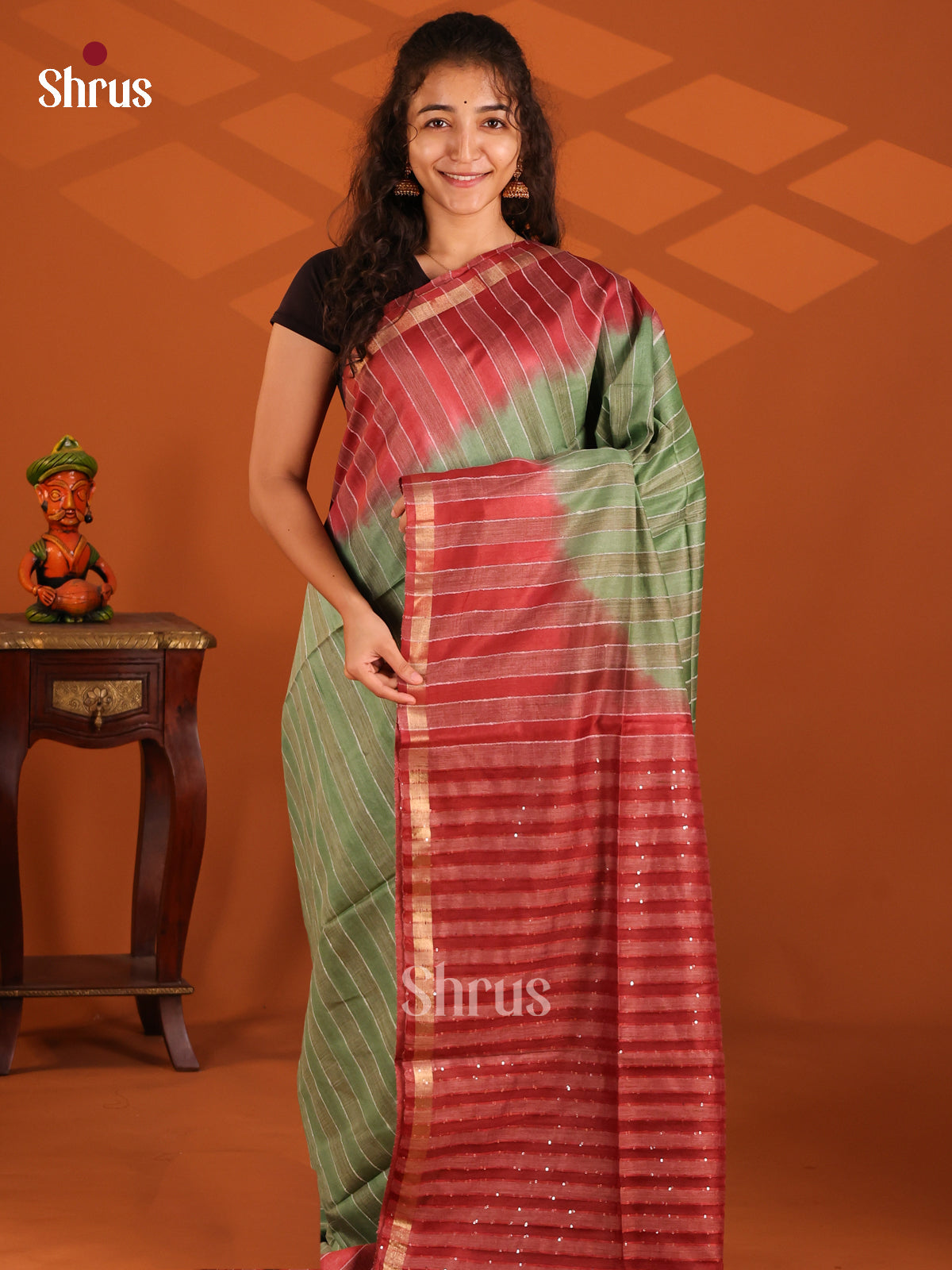 Green & Red - Semi Tussar Saree - Shop on Shrus.com