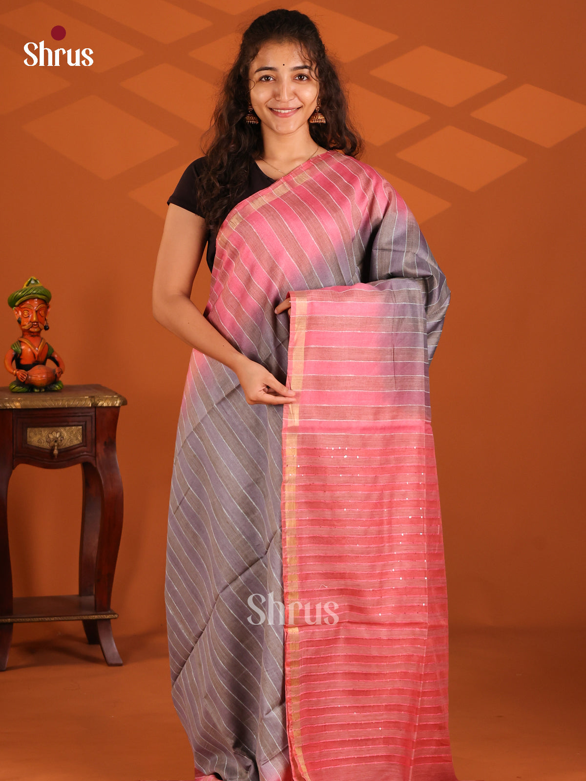 Grey & Pink - Semi Tussar Saree - Shop on Shrus.com