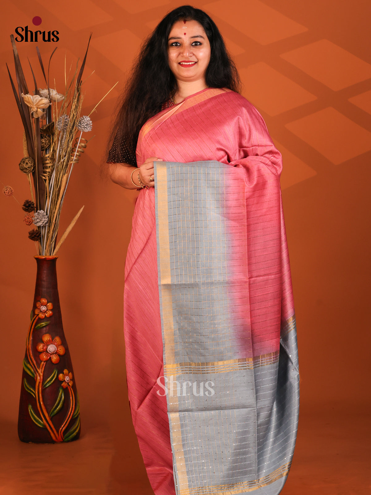 Pink & Grey- Semi Tussar Saree - Shop on Shrus.com