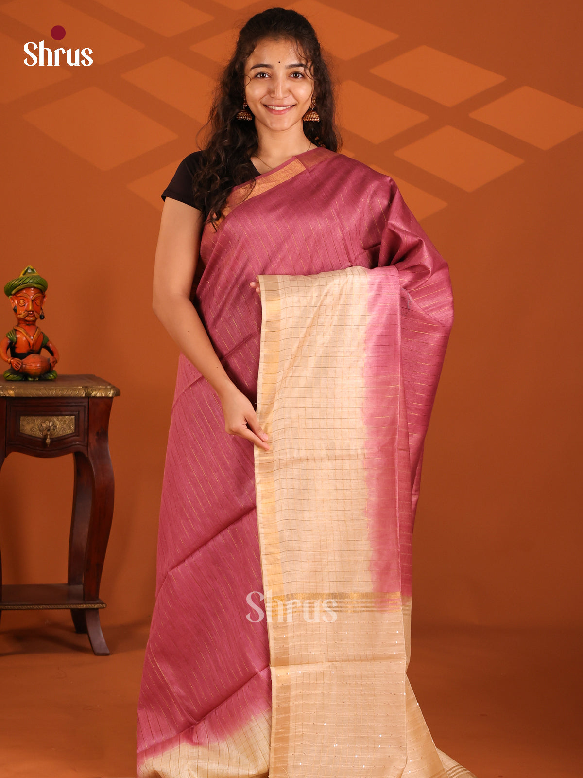 Maroon & Cream - Semi Tussar Saree - Shop on Shrus.com