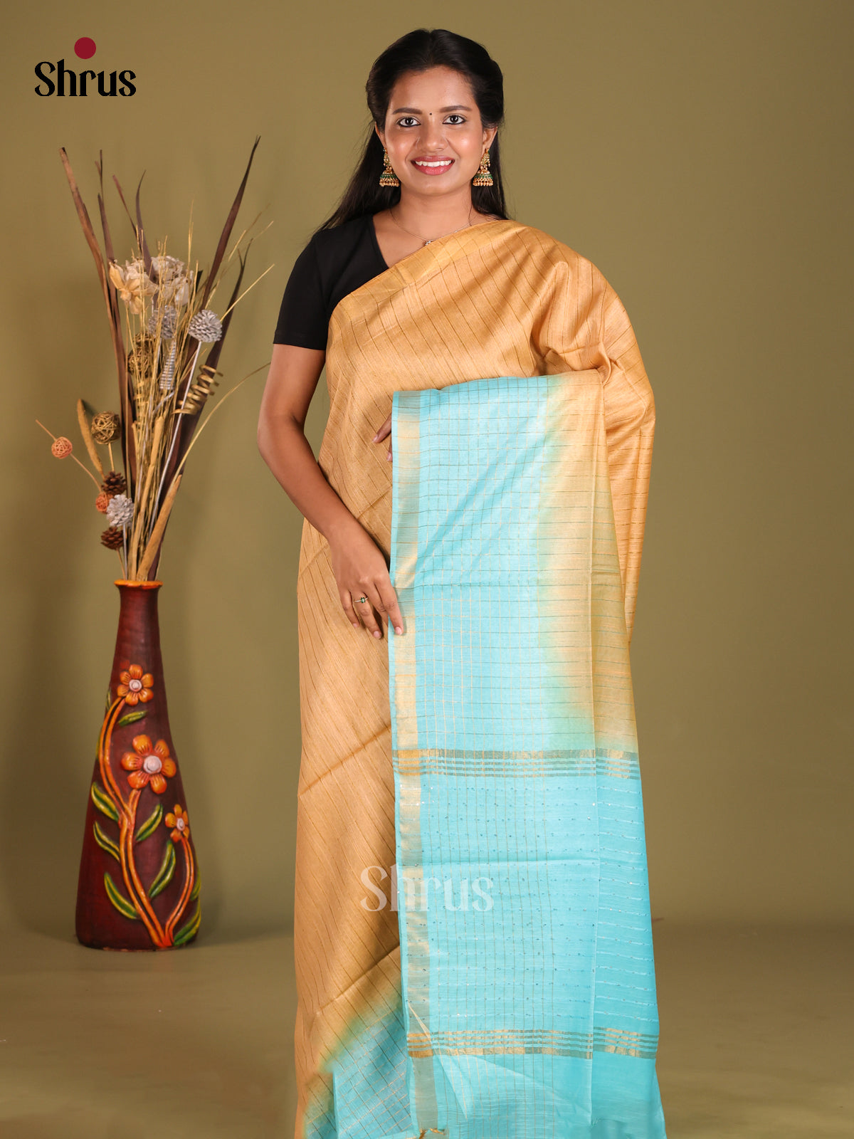 Chikoo & Blue- Semi Tussar saree - Shop on Shrus.com
