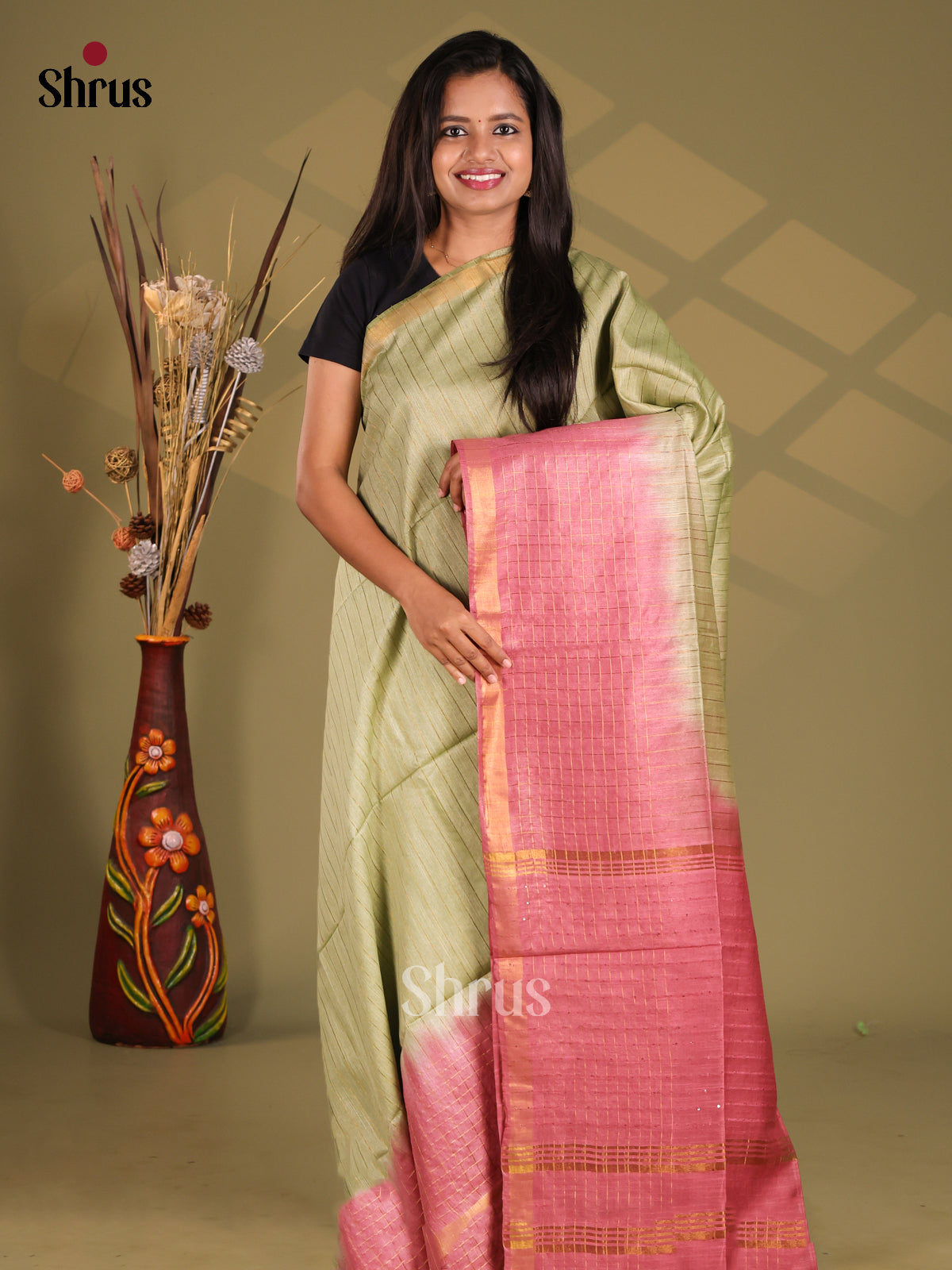 Green & Red - Semi Tussar Saree - Shop on Shrus.com
