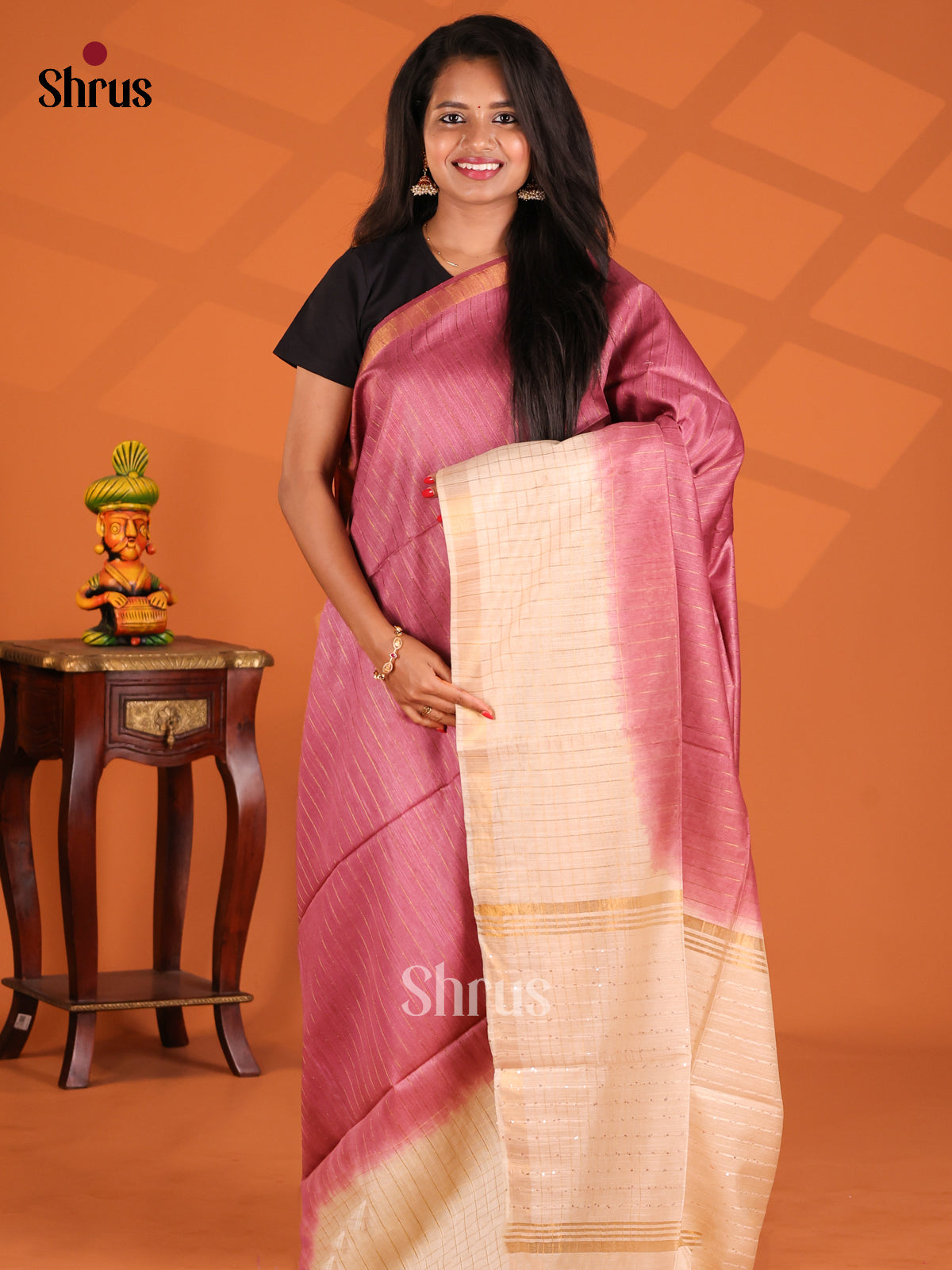 Pink & Cream- Semi Tussar Saree - Shop on Shrus.com