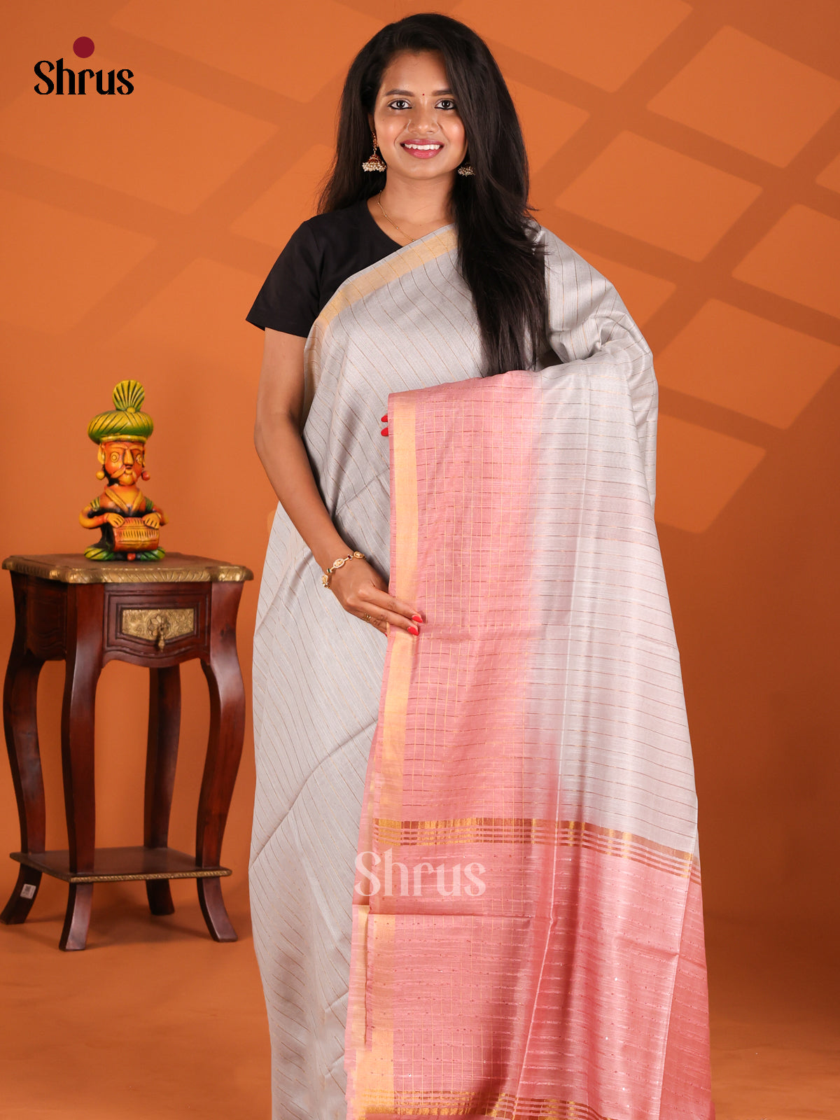 Cream & Pink- Semi Tussar Saree - Shop on Shrus.com