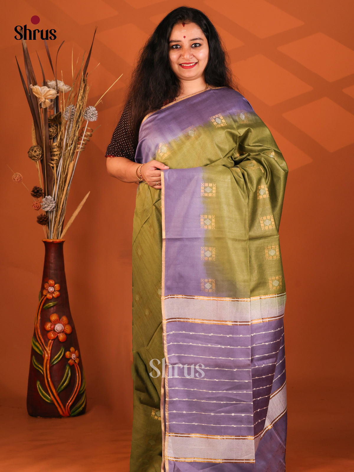 Green & Purple- Semi Tussar Saree - Shop on Shrus.com