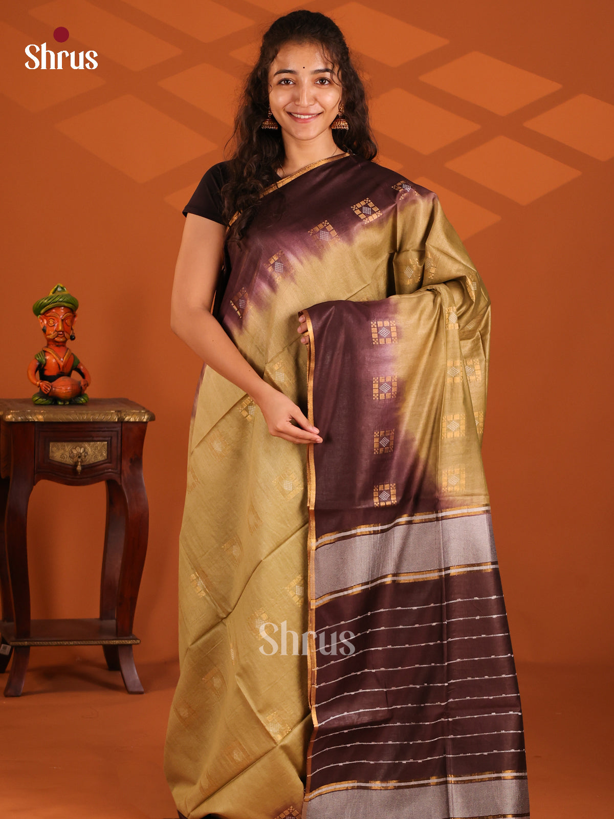 Beige & Brown - Semi Tussar Saree - Shop on Shrus.com