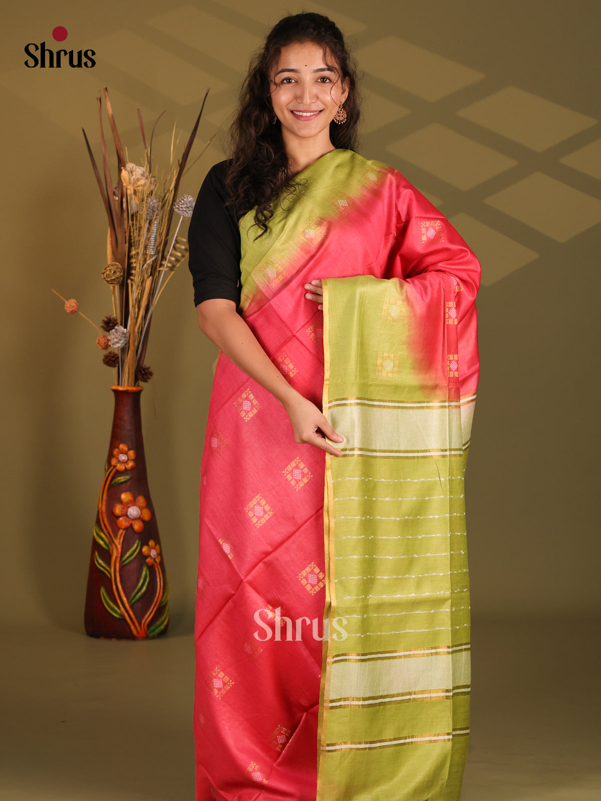 Red & Green- Semi Tussar Saree - Shop on Shrus.com