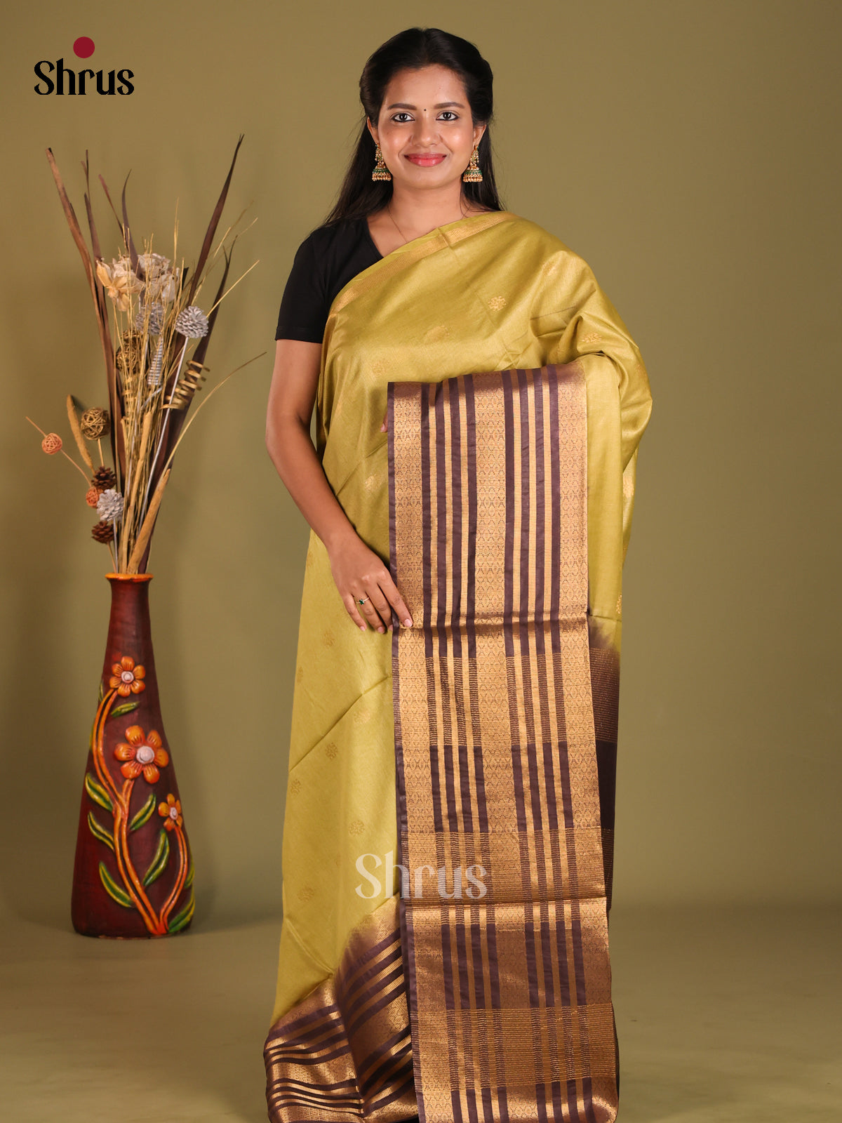 Mustardy green & Brown - Semi Tussar saree - Shop on Shrus.com