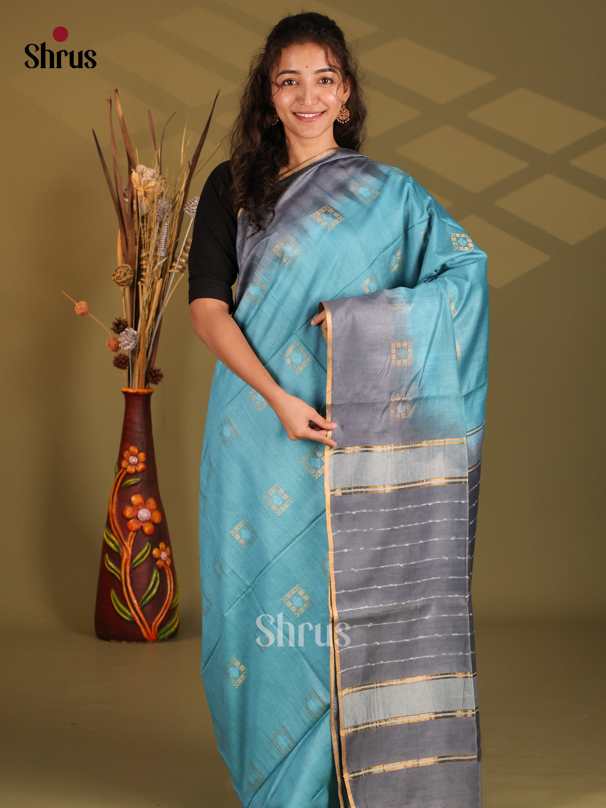 Blue & Grey- Semi Tussar Saree - Shop on Shrus.com